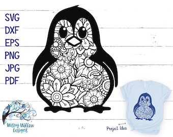 Penguin Zentangle SVG, DXF, PNG, Vector, Download, Winter, Penguin Svg, Floral, Penguins, Mandala, Zentangle, Cricut, Cut File, Animal, Png