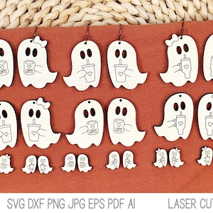 May include: A collection of light-colored wooden ghost-shaped earrings and stud earrings featuring engraved designs of ghosts holding coffee mugs or tumblers with heart icons. Some ghosts wear bows. The text SVG DXF PNG JPG EPS PDF AI LASER CUT FILE is visible.