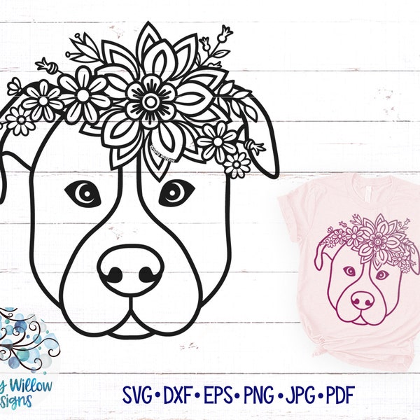 Pitbull Dog SVG, Dog Mandala SVG for Cricut, Pitbull with Flowers, Dog Mandala, Pretty Girl Dog for Coloring, Vinyl Decal Cut File