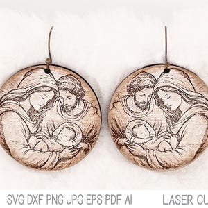Kolczyki z motywem Bożego Narodzenia w formacie SVG dla Glowforge lub Laser Cutter, religijne kolczyki chrześcijańskie z Jezusem i Maryją, plik z biżuterią na zimowe święta