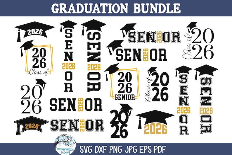 Pu&ograve; includere: Un pacchetto digitale per la laurea con grafiche in nero e oro che includono tochi e il testo 2026, Senior e Class of 2026. La collezione comprende vari layout tipografici e disposizioni per progetti a tema legati alla cerimonia di diploma.