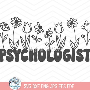 Puede incluir: Diseño de arte de línea en blanco y negro de flores y la palabra "PSYCHOLOGIST" en una fuente retro.