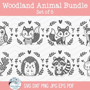 Waldtier SVG Bundle für Cricut, wunderliches Baby Tier PNG, Babyparty, Kinderzimmer, Eule, Katze, Fuchs, Hirsch, Vogel, Igel, Waschbär, Kaninchen