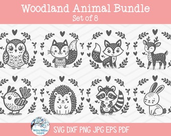 Woodland Animal SVG Bundle for Cricut, Whimsical Baby Animal PNG, Baby Shower, Nursery, Owl, Cat, Fox, Deer, Bird, Hedgehog, Raccoon, Rabbit