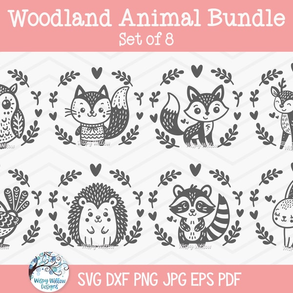 Woodland Animal SVG Bundle for Cricut, Whimsical Baby Animal PNG, Baby Shower, Nursery, Owl, Cat, Fox, Deer, Bird, Hedgehog, Raccoon, Rabbit