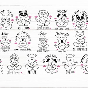 Bundle SVG drôle d'animaux de yoga, citations de yoga drôles, laissez cette merde disparaître, ne vous pressez pas, soyez heureux paresseux, chien, chat, renard, fichiers sticker vinyle pour Cricut