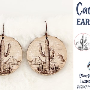 Kaktus Ohrring SVG-Datei für Glowforge oder Laser Cutter, Wüste Arizona Szene, Kakteen graviert Schmuck, Sommer Ohrringe, digitaler Download