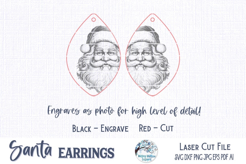 Op de afbeelding: Twee druppelvormige oorbelsjablonen met een gedetailleerde zwart-wit schets van de Kerstman. De omtrek is rood en het ontwerp bevat de tekst: Engraves as photo for high level of detail! Black - Engrave Red - Cut Santa EARRINGS Laser Cut File SVG DXF PNG JPG EPS PDF AI.
