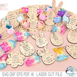 Ostern Pop It SVG Datei Bundle - Laserschneider, süße Osterhase Kaninchen Pop It Armband und Schlüsselanhänger, Kinder Korb Tag Geschenk, Glowforge, xTool