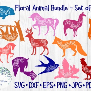 Puede incluir: Un conjunto de 12 archivos de corte digital con siluetas de animales florales. Los animales incluyen un manatí, un perezoso, un ciervo, un zorro, un caballo, un unicornio, una llama, un gato, un pájaro, un cerdo y un gallo. Los archivos están disponibles en los formatos SVG, DXF, EPS, PNG, JPG y PDF.