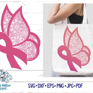 Mandala de borboleta de fita Zentangle SVG, DXF, png, fita de câncer de mama Svg, borboleta SVG, mandala de borboleta, mandala de câncer de mama Svg