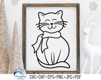 Cat with Scarf SVG for Cricut, Christmas Cat, Winter Cat Jpg, Christmas Animal Coloring, Cute Pet Illustration, Cat Png, Vinyl Decal File