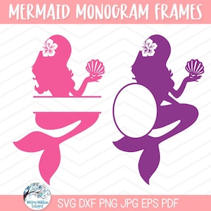 Mermaid Name Frame SVG for Cricut, Summer Beach Monogram, Mermaid Silhouette with Flower and Sea Shell Monogram Frame, Vinyl Decal Cut File
