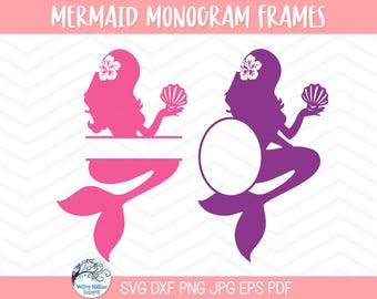 Mermaid Name Frame SVG for Cricut, Summer Beach Monogram, Mermaid Silhouette with Flower and Sea Shell Monogram Frame, Vinyl Decal Cut File