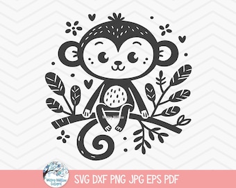 Monkey SVG for Cricut, Baby Monkey Illustration PNG, Kid's Shirt Design JPG, Jungle Animal, Zoo, Baby Shower, Nursery, Printable, Cut file