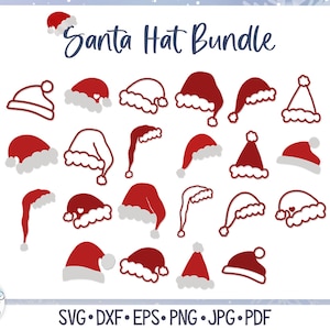 Pacote SVG de chapéu de Papai Noel para Cricut, chapéus de Papai Noel de Natal, silhueta, camadas, designs de chapéus de inverno com contorno, arquivo digital para silhueta
