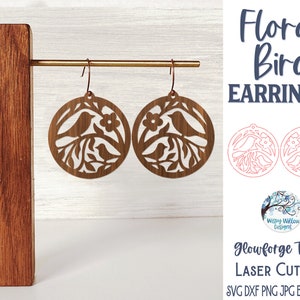 Arquivo de brinco de pássaro floral para Glowforge ou cortador a laser, brincos redondos de galho de árvore Boho, joias Glowforge de verão, arquivo de corte a laser de animais