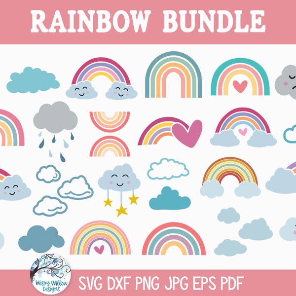 Rainbow Bundle for Cricut, Cute Rainbow Clipart PNG, Boho Rainbow Printable, Happy Cloud JPG, Boho Nursery, Vinyl Decal Cut File, Download