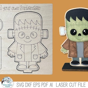 Halloween Frankenstein Pop Out Kit SVG File for Laser Cutter, Build Your Own Stand Up Monster, DIY Fall Score Painting Set, Glowforge, xTool