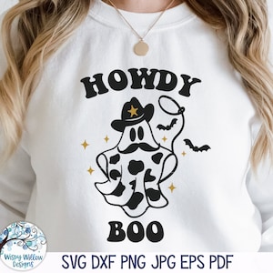 Howdy Boo Ghost SVG para Cricut, engraçado Halloween Western Cowboy, linda camisa fantasma PNG, arquivo de decalque de vinil para silhueta