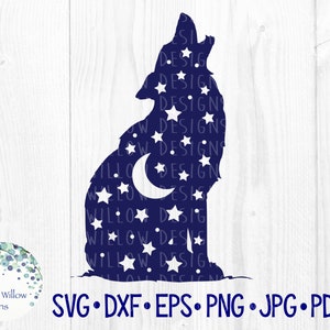 Ylande varg SVG-fil för Cricut, boho djur med måne och stjärnor, himmelsk, andlig, vild natur vargar silhuett PNG Clipart JPG bild 1
