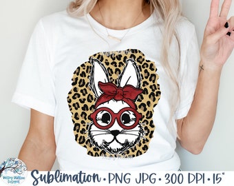 Easter Bunny with Red Glasses and Bandana on Leopard Print Sublimation PNG,  Spring Rabbit Sublimation Jpg, Bunny Face with Leopard Png