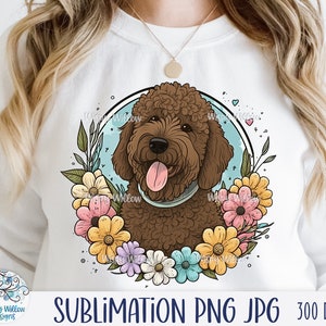 Golden Doodle Dog Sublimation Png, Brown Labradoodle Dog with Flowers, Floral Dog Cartoon Drawing JPG, Cute Poodle Puppy
