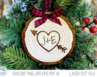 Heart Wood Slice Christmas Ornament SVG File for Glowforge or Laser Cutter, Personalized Heart with Arrow Tree Carving with Initials