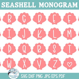 May include: A set of 28 seashell monogram designs featuring the alphabet in white letters on a pink seashell background. The letters are in a handwritten font. The last two designs are hearts.