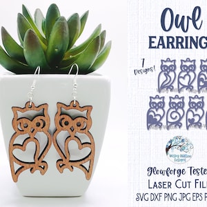 Arquivo de brinco de coruja SVG para Glowforge ou cortador a laser, silhueta de pássaro com coração, brinco de madeira, artesanato de joias de animais, arquivo de brinco cortado a laser