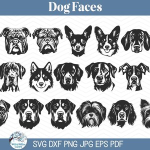 May include: A set of 20 black and white dog face illustrations. The illustrations are in a variety of breeds, including a pug, a chihuahua, a bulldog, a husky, and a yorkie. The illustrations are perfect for use in crafting projects, scrapbooking, or digital design.