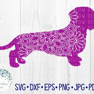 May include: A purple silhouette of a dachshund with a mandala pattern. The mandala pattern is white and fills the entire body of the dog.