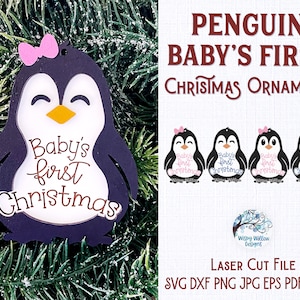 Primer adorno navideño del bebé, adorno navideño de invierno de pingüino Archivo SVG para Glowforge o cortador láser Xtool, lindo archivo animal bebé AI Dxf