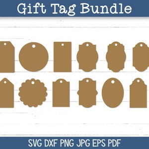 May include: A digital bundle of 16 brown gift tags in various shapes, including circles, rectangles, and scalloped edges, each featuring a small hole at the top. The image includes the text Gift Tag Bundle, 16 DESIGNS, and file formats.