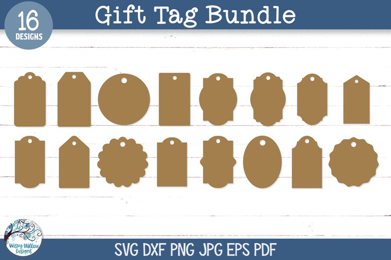 May include: A digital bundle of 16 brown gift tags in various shapes, including circles, rectangles, and scalloped edges, each featuring a small hole at the top. The image includes the text Gift Tag Bundle, 16 DESIGNS, and file formats.