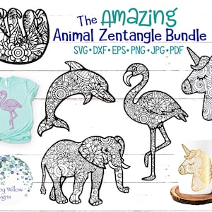 L'incroyable animal Zentangle SVG Bundle, flamant rose, paresseux, éléphant, licorne, dauphin, Zentangle SVG, DXF, png, animal, vinyle autocollant, mandala