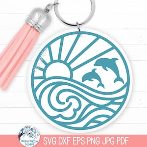 Strand Sonnenaufgang mit Delfinen Schlüsselbund SVG Schnitt Datei für Cricut, Sommer Runde Sommer Strand, Meer Tier Umriss, Delfine Schwimmen im Ozean