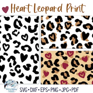 Pode incluir: Um conjunto gráfico digital intitulado Heart Leopard Print com três padrões. Um tem corações e manchas de leopardo pretas sobre branco. Outro tem manchas pretas e castanhas com contornos de coração sobre branco. O terceiro tem manchas pretas e castanhas com corações bordô sobre fundo castanho.