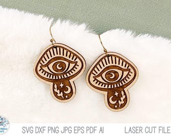 Magic Mushroom Earring File SVG for Laser Cutter, Boho Magical Witchy Celestial Dangle Earring, Engraved Wood Fungi Jewelry, Glowforge Xtool