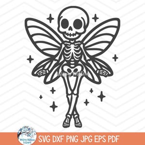 Puede incluir: Ilustración en blanco y negro de línea de arte de un hada esqueleto con alas. El hada está rodeada de pequeñas estrellas.