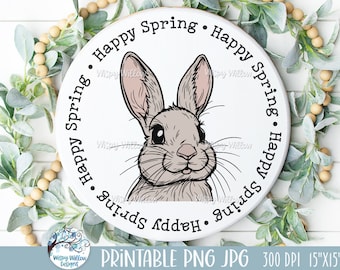Happy Spring Bunny Round Sign Sublimation Printable PNG JPG, Easter Bunny Front Door Hanger, Easter Rabbit Spring Sign Design, Bunny Clipart