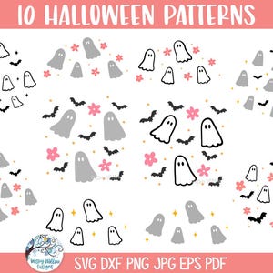 May include: A digital collection titled 10 HALLOWEEN PATTERNS featuring various arrangements of grey and white ghosts, black bats, pink flowers, and small yellow stars. The text SVG DXF PNG JPG EPS PDF is displayed at the bottom of the image.