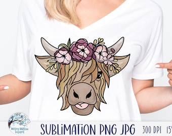 Floral Highland Cow Sublimation PNG, Cow with Flowers Png, Farm Animal Sublimation, Cow with Flower Crown, Pretty Cow, Farm Animal Printable