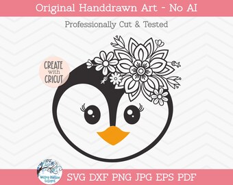Floral Penguin SVG for Cricut, Cute Baby Penguin Face With Flowers, Girl Penguin with Flower Mandala Headband, Vinyl Decal Cut File