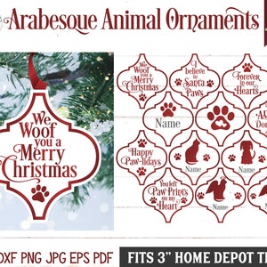 May include: A set of 12 digital files for Arabesque animal ornaments featuring dark red text and graphics on a white background. Designs include paw prints, pet silhouettes, and phrases like We Woof you a Merry Christmas and Adopt Don't Shop, designed to fit 3-inch Home Depot tiles.