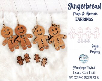 Gingerbread Man and Woman Earring File SVG for Glowforge or Laser Cutter, Christmas Earring Design, Stud and Dangle Laser Engraved Jewelry