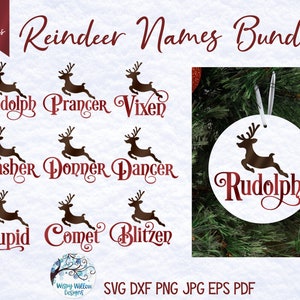 Reindeer Names SVG File Bundle For Cricut – Christmas Holiday Round Ornament Designs, DIY Reindeer Silhouette Ornaments, Rudolph PNG