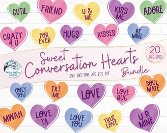 Pacchetto di cuoricini con messaggi d'amore per San Valentino in formato SVG, SVG per San Valentino per Cricut, cuoricini di caramelle per sublimazione, caramelle di San Valentino in formato PNG e JPG
