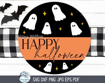 Happy Halloween Round Sign SVG for Cricut, Cute Ghost Welcome Sign PNG, Fall Door Hanger, Printable JPG File, Circle Porch Sign