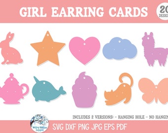 Girl Earring Card SVG Bundle for Cricut, Cute Jewelry Display Card Template, Cardstock Stud Earrings Holder for Little Girls, Heart, Cupcake